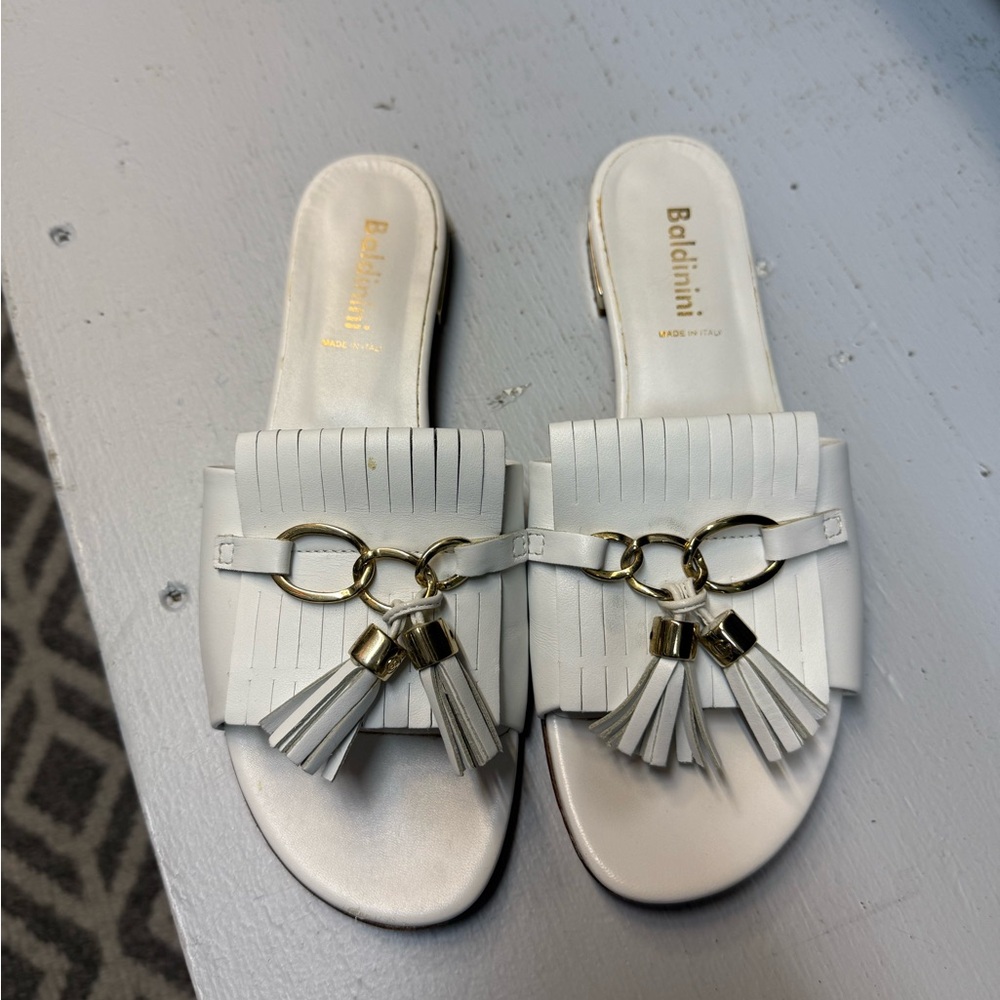 Baldinini White Leather Mules with Gold Tassels